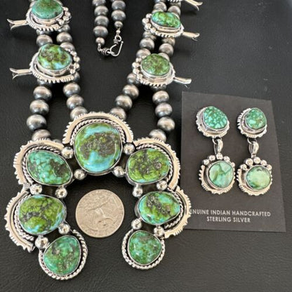 Navajo Ultra Rare Green Sonoran Gold Turquoise Squash Blossom Necklace Set | Sterling Silver | 17208