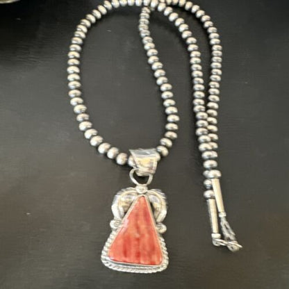 Navajo Red Spiny Oyster Pendant Necklace | Sterling Silver | Authentic Native American Handmade | 16149