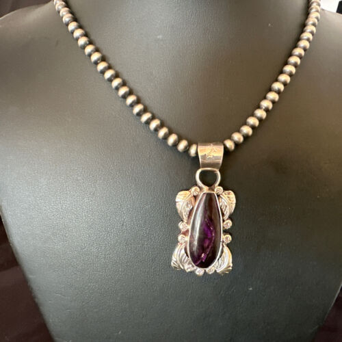 Navajo Pearls Purple Sugilite Pendant Necklace | Sterling Silver Beads | Authentic Native American Handmade | 16463