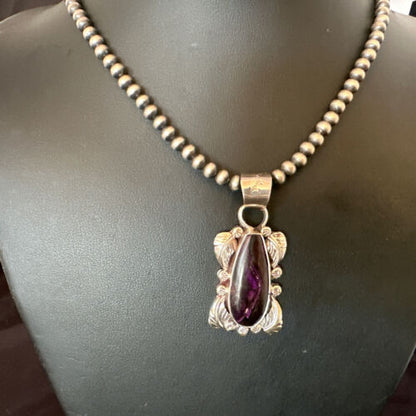 Navajo Pearls Purple Sugilite Pendant Necklace | Sterling Silver Beads | Authentic Native American Handmade | 16463