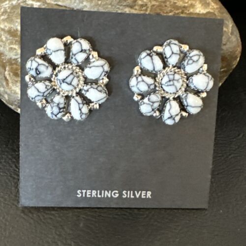 Women's Cluster White Buffalo Turquoise Earrings | Navajo Sterling Silver | Authentic Native American Handmade | 16343