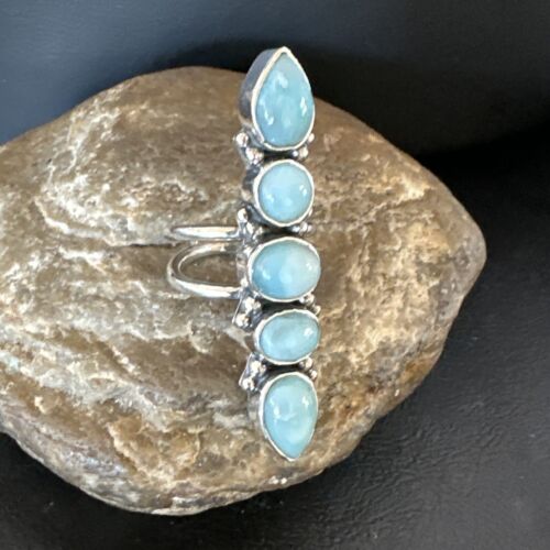 Navajo Blue Larimar Cluster Ring | Authentic Native American Sterling Silver | Multi-Stone | Sz 8.5 | 15935