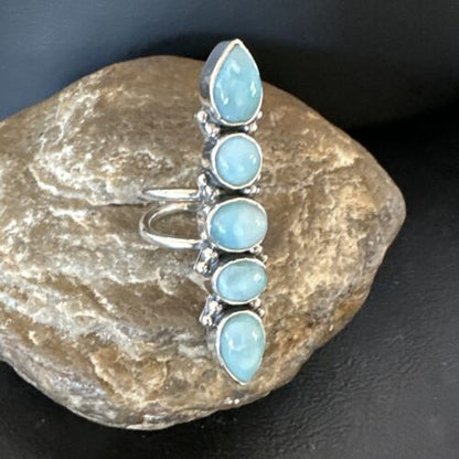 Navajo Blue Larimar Cluster Ring | Authentic Native American Sterling Silver | Multi-Stone | Sz 8.5 | 15935