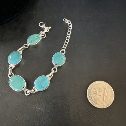 Navajo Blue Turquoise Link Bracelet | Sterling Silver | 8" | Authentic Native American Handmade | 15470
