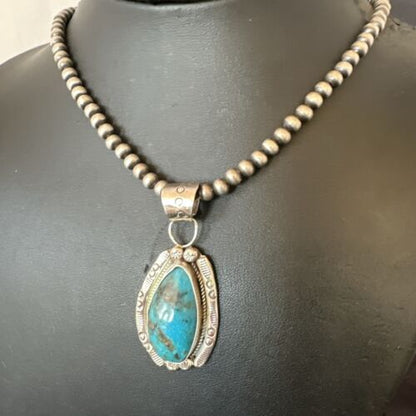Navajo Pearls Kingman Turquoise Pendant Necklace | Sterling Silver | Authentic Native American Handmade | 17127