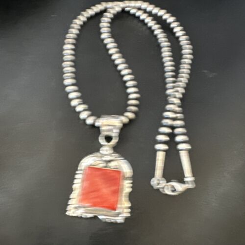 Navajo Red Spiny Oyster Pendant Necklace | Sterling Silver | Authentic Native American Handmade | 16148