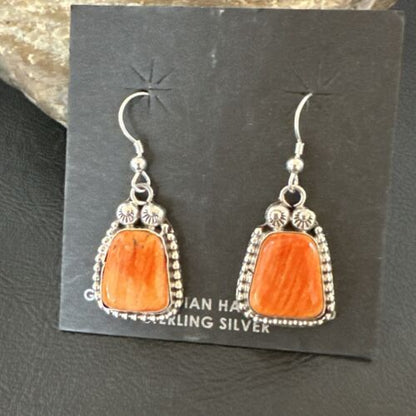 Navajo Orange Spiny Oyster Dangle Earrings | Sterling Silver | Authentic Native American Handmade | 17274