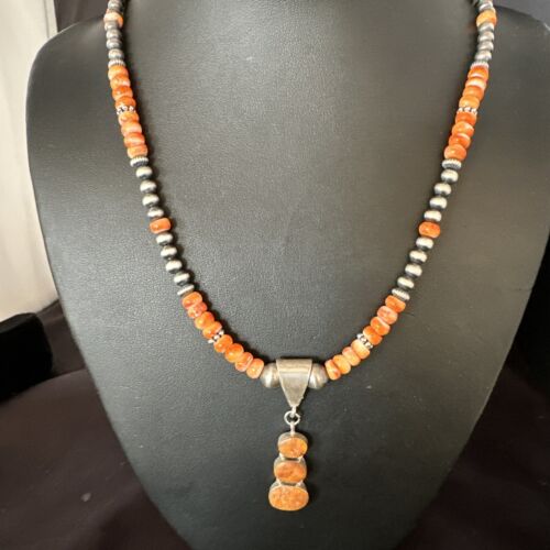 Navajo Orange Spiny Oyster Pendant Necklace | Sterling Silver | Multi-Stone | Authentic Native American Handmade | 15254