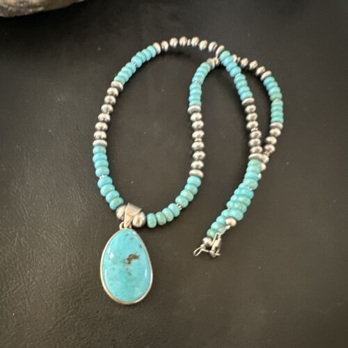 Navajo Blue Kingman Turquoise Pendant Necklace | Sterling Silver | 21" | Authentic Native American Handmade | 16932