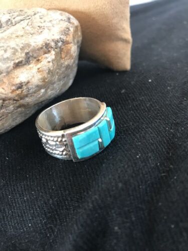 Navajo Turquoise Inlay Thumb Ring | Sterling Silver | Sz 14 | Authentic Native American Handmade | 03843