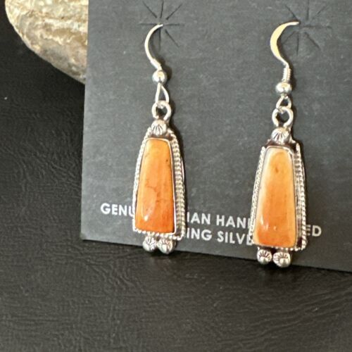 Navajo Orange Spiny Oyster Dangle Earrings | Sterling Silver | Authentic Native American Handmade | 17272