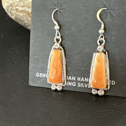 Navajo Orange Spiny Oyster Dangle Earrings | Sterling Silver | Authentic Native American Handmade | 17272