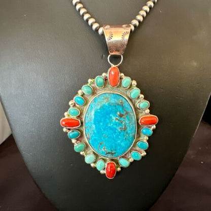 Navajo Red Spiny oyster | Blue Turquoise Pendant Necklace | Sterling Silver | Multi-Stone | 17148