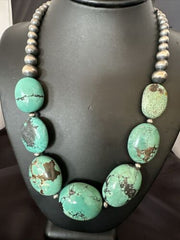 Navajo Blue Turquoise Chunky Pearls Necklace | Sterling Silver | 20" | Authentic Native American Handmade | 17496