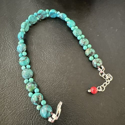 Navajo Blue Turquoise Bead Bracelet | Sterling Silver Link | 8" | Authentic Native American Handmade | 17230