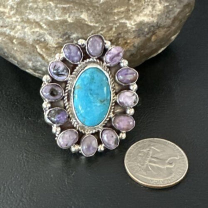 Navajo Kingman Turquoise Charoite Ring | Authentic Native American Sterling Silver | Multi-Stone | Sz 10.5 | 17180