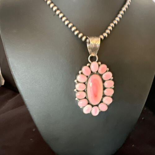 Navajo Pearls Pink Conch Necklace with Multi-Stone Cluster Pendant | Authentic Native American Handmade | 16063