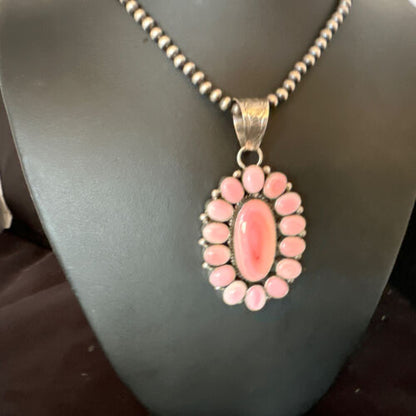 Navajo Pearls Pink Conch Necklace with Multi-Stone Cluster Pendant | Authentic Native American Handmade | 16063