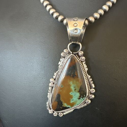 Men's Navajo Green Turquoise Pendant Necklace | Sterling Silver | Authentic Native American Handmade | 17530