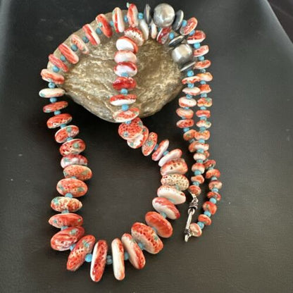 Navajo Blue Turquoise & Spiny Oyster Necklace | Sterling Silver | Authentic Native American | 22" | 17420