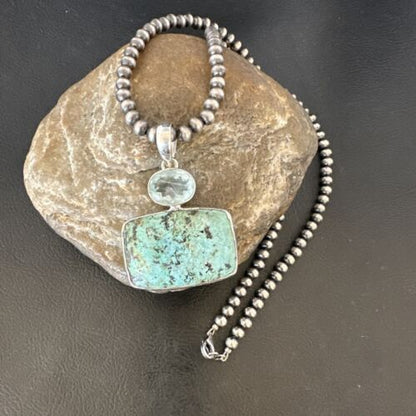 Navajo Dry Creek Turquoise Topaz Pendant Necklace | Sterling Silver | Authentic Native American Handmade | 16446