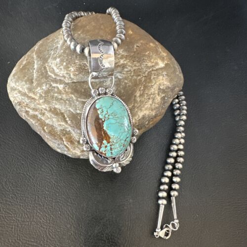 Men's Blue #8 Turquoise Pendant Necklace | Navajo Sterling Silver | Authentic Native American Handmade | 14975
