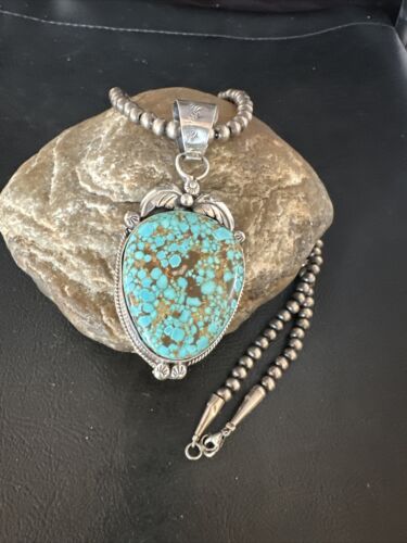 Navajo Pearls Sterling Silver Necklace with Blue Turquoise #8 Pendant | Authentic Native American Handmade | 14855