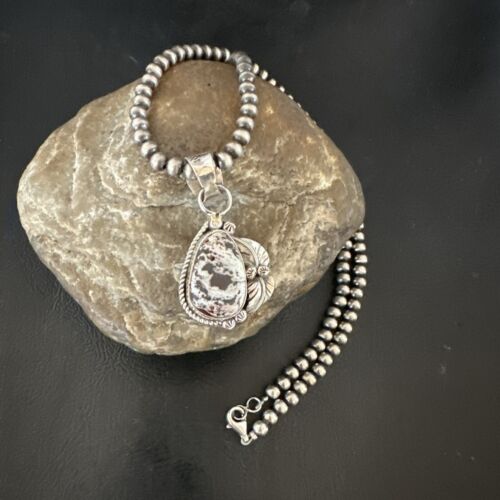 White Buffalo Turquoise Pendant | Navajo Pearls Sterling Silver Necklace 21" | Handmade Jewelry 17329