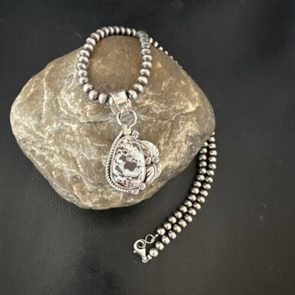 White Buffalo Turquoise Pendant | Navajo Pearls Sterling Silver Necklace 21" | Handmade Jewelry 17329