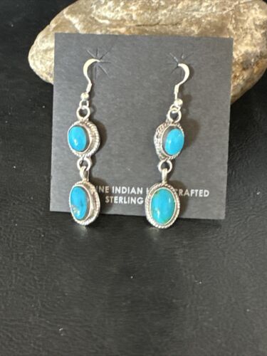 Kingman Turquoise Dangle Earrings | Navajo Sterling Silver | Authentic Native American Handmade | 14863