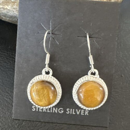 Southwestern Navajo Coffee Tiger's Eye Dangle Earrings | Sterling Silver | Authentic Native American Handmade | 16964