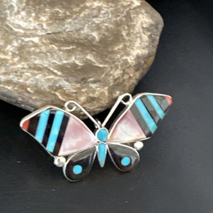 Zuni Butterfly Turquoise Mother of Pearl Onyx Inlay Pin Pendant | Sterling Silver | 15151