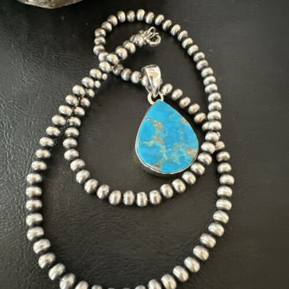 Navajo Blue Kingman Turquoise Pendant Necklace | Sterling Silver | 20" | Authentic Native American Handmade | 17012