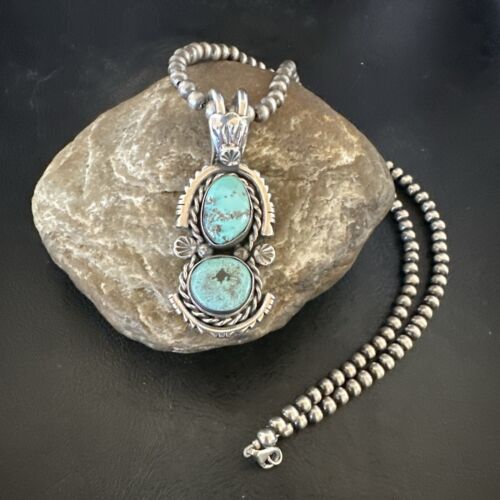 Navajo Blue Kingman Turquoise 2 Stone Cluster Pendant | Sterling Silver | Authentic Native American Handmade | 17634