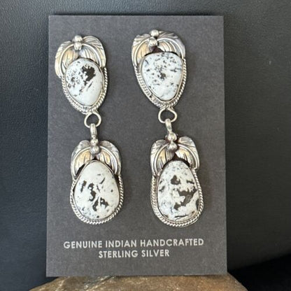 Navajo White Buffalo Turquoise Dangle Earrings | Sterling Silver | 2.5" | Authentic Native American Handmade | 14741