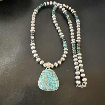 Men's Navajo Blue Spiderweb Turquoise Pendant Necklace | Sterling Silver | Authentic Native American Handmade | 16241