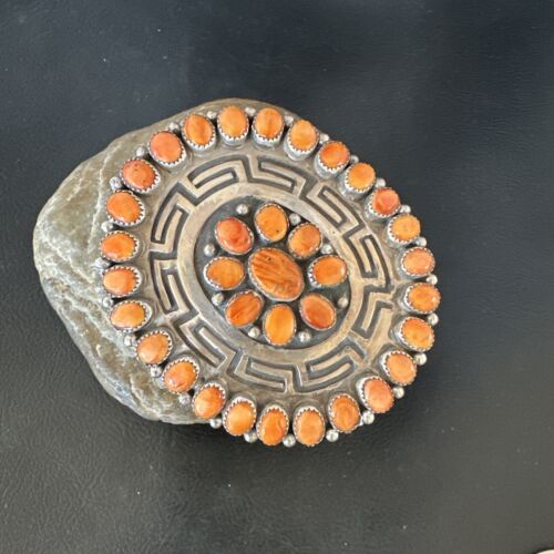 Navajo Orange Spiny Oyster Cluster Concho Belt Buckle | Sterling Silver | Authentic Native American Handmade | 16344