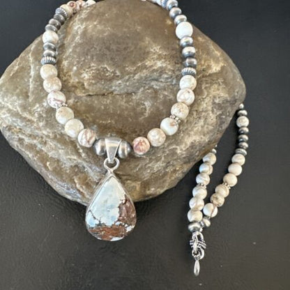 Women's Navajo Wild Horse Opal Necklace Pendant | Sterling Silver | Authentic Native American Handmade | 15814
