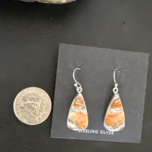 Navajo Blue Turquoise & Orange Spiny Oyster Inlay Dangle Earrings | Sterling Silver | Native American Handmade | 15581