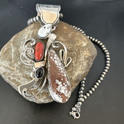 Navajo Sterling Silver Coral Wild Horse Necklace Pendant | Multi-Stone | Authentic Native American Handmade | 15946