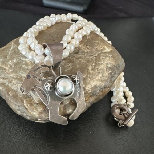 Navajo Old Pawn White Freshwater Pearl Sterling Silver Pendant Necklace | 14" Multi-Strand | 17369