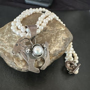 Navajo Old Pawn White Freshwater Pearl Sterling Silver Pendant Necklace | 14" Multi-Strand | 17369