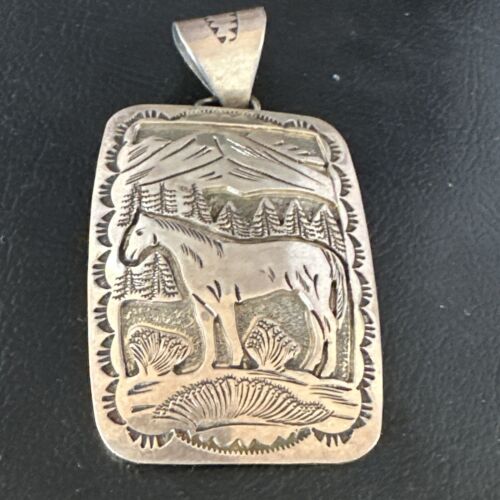 Navajo Stamped Horse Pendant Necklace | Sterling Silver | 2.5" | Authentic Native American Handmade | 15171