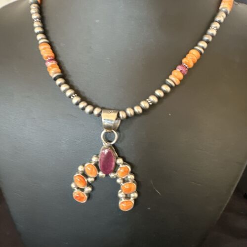 Navajo Pearls Orange Spiny Oyster Naja Pendant | Sterling Silver Necklace | Authentic Native American Handmade | 16802