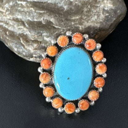 Navajo Women's Cluster Turquoise Spiny Oyster Ring | Authentic Native American Sterling Silver | Multi-Stone | Sz 12 | 16026 - Masha USA