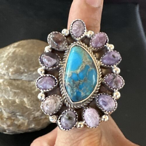 Navajo Cluster Blue Kingman Turquoise Charoite Ring | Authentic Native American Sterling Silver | Multi-Stone | Sz 9 | 17179