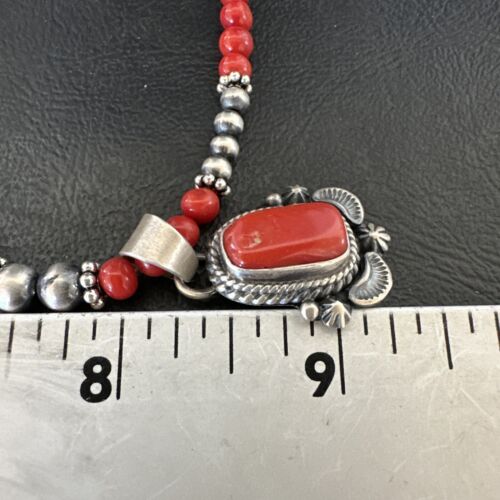 Southwestern Navajo Red Coral Pendant Necklace | Sterling Silver Pearls | 21" | 17538