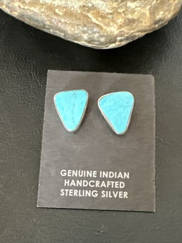 Navajo Blue Kingman Turquoise Post Stud Earrings | Sterling Silver | Authentic Native American Handmade | 17471