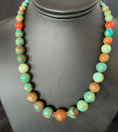 Navajo Green Turquoise & Apple Coral Graduated Necklace | Sterling Silver | Authentic Native American | 18" | 13204