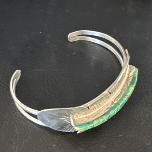 Navajo Green Fire Opal Inlay Bracelet | Sterling Silver | 7" | Authentic Native American Handmade | 15071